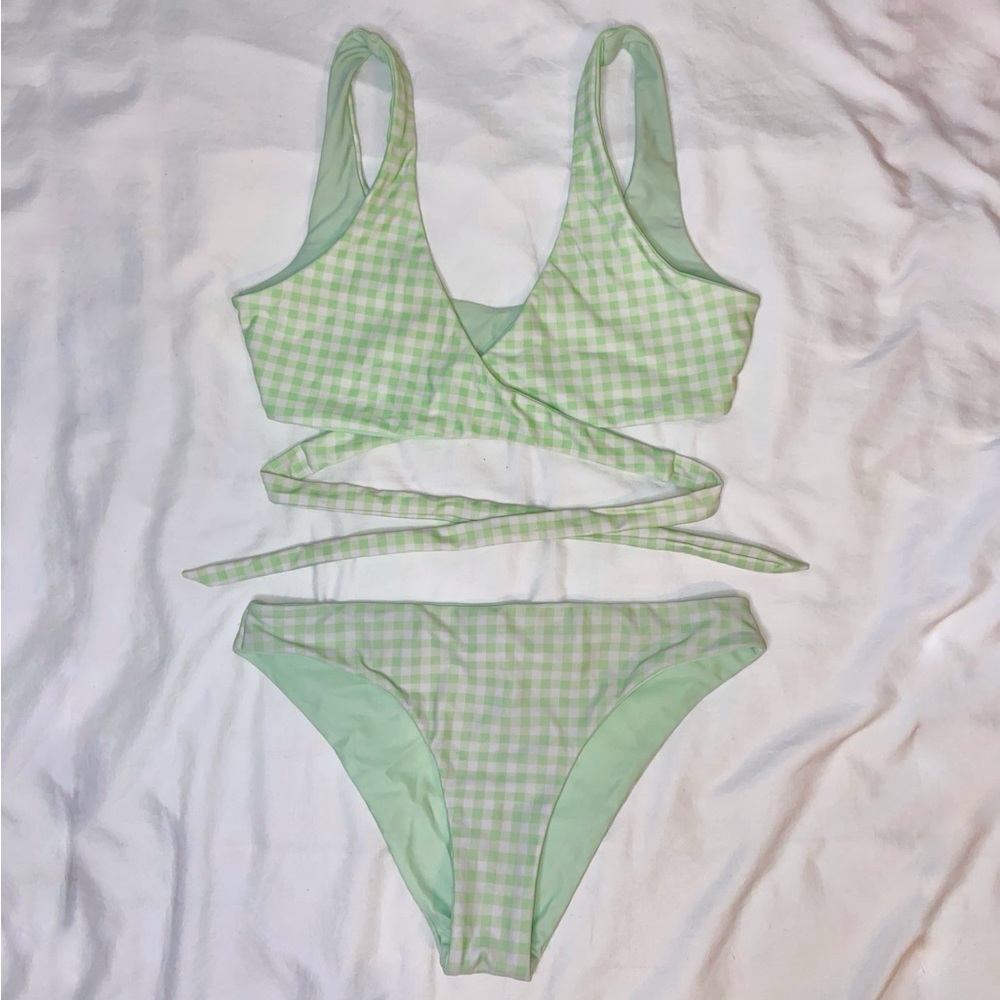 Hollister Reversible Gingham Wrap Tie Green Bikini